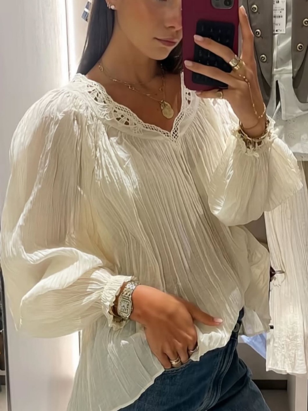 Zara NWT Women’s Cream V-Neck Long Sleeve Blouse